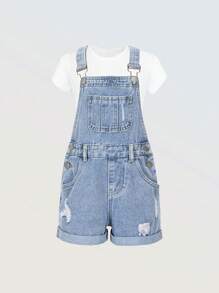 Denimly Tween Girl Fashionable Casual Cute Floral & Smiling Face Print Denim Ripped Distressed Washed Loose Strap Jumpsuit & Overalls With Frayed Hem