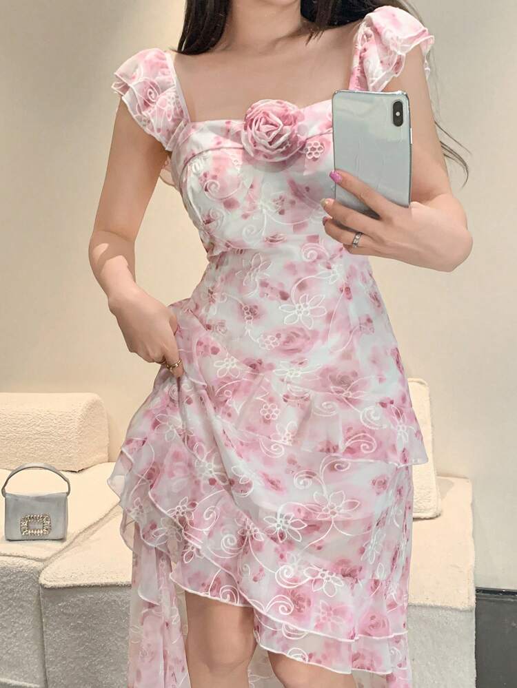 Chiffon Dress With Floral & Vine Prints, Ruffled Asymmetric Hem, Spaghetti Strap, Mid-Length Dress For Women Summer,Milkmaid Dress Sundress Vacation Outfits Women Easter Boho