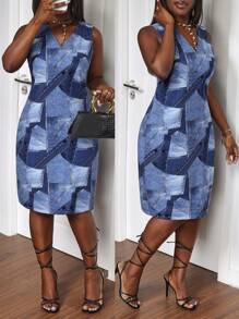 Slaydiva 女式 V 领无袖休闲拼布设计牛仔连衣裙 - 彩色 - 查看 2