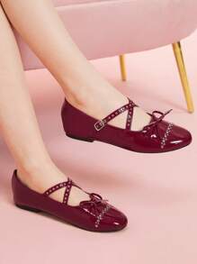 CUCCOO DOLLMOD Women's Comfortable Flat Shoes With Rhinestone Decoration, Elegant Cross Style Spring Shoes Spring Break Easter - Burgundy - View 3