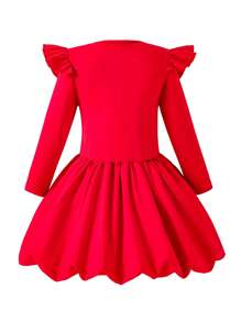 Vestito casual a maniche lunghe con collo tondo e pieghe per ragazze giovani