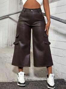 Pantalones capri de pierna ancha con diseño de hebilla ajustable de unicolor para mujeres - Marrón - Ver 1
