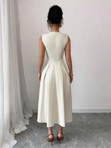 Rafferiza Women Elegant V-Neck Sleeveless Ruffle Dress - Khaki - View 2