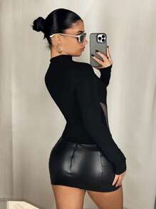 SHEIN ICON 女式长袖网眼连体衣，紧身不对称设计