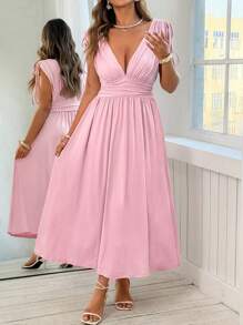 SHEIN Clasi Vestido elegante con fruncido y cordón para mujer de talla grande - Rosa - Ver 5