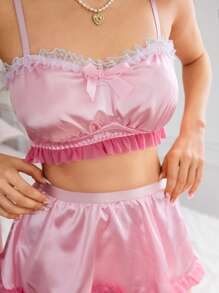 5pcs Floral Lace Satin Ruched Wireless Sexy Lingerie Set With Bowknot, Including Panty, Pink