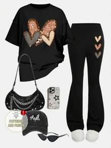 SHEIN Girlism 2pcs/Set Tween Girls Leopard & Heart Print Casual Minimalist Short Sleeve Top & Pants Set, Suitable For Summer - Black - View 1