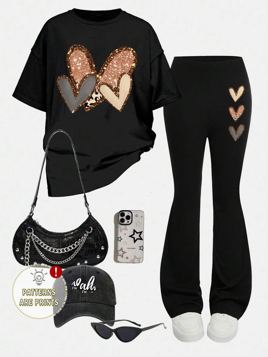 SHEIN Girlism 2pcs/Set Tween Girls Leopard & Heart Print Casual Minimalist Short Sleeve Top & Pants Set, Suitable For Summer - Black - View 1