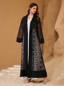 Al Najma 翻领蕾丝刺绣透明阿拉伯长袍长外套 - 黑色 - 查看 4