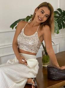 DAZY Vacation Spring And Summer Sequin Short Fitted Camisole Women's Cami Top Prom Dress,Halter Top Club Outfit