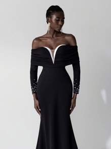 Elitara Elegante vestido de Body ceñido con volantes y escote en V, de manga larga, elástico, con cola de pez, adecuado para invitados de boda, fiestas de solteros, vacaciones, bailes, galas de noche, fiestas, vestido formal