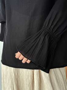 FRIFUL Women's Loose Fit Black Shirt, Round Collar, Flare Sleeves, Elegant Style Long Sleeve Blouse, Spring,Ruffle
