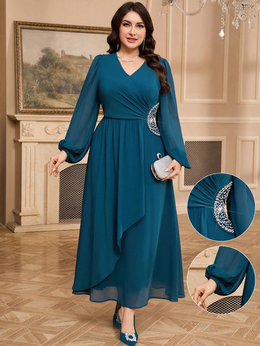 Modelyn Vestido largo elegante de manga larga con cuello en V y cristales para mujer de talla grande - Azul - Ver 1