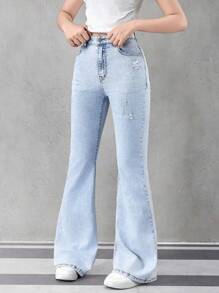 SHEIN 青少年女孩休闲时尚简约设计洗水浅蓝色喇叭牛仔裤 - 淺色水洗藍 - 查看 5