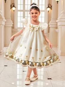 SHEIN 年轻女孩中东公主风格杏色3D刺绣蝴蝶网眼吊带裙，适合户外派对、婚礼、宴会、暑假 - 杏色 - 查看 1