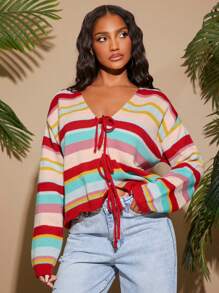 SHEIN SXY Women's Casual Colorblock Striped Tie Front Lightweight Cardigan - Multicolor - View 5