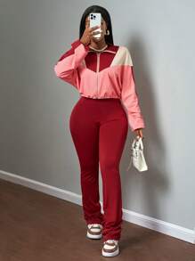 Slaydiva Red Two Pieces Pants Set For Women: Casual Chic Cropped Zip Jacket And Ruched Flare Pants - Burgundy - View 4