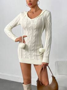 INAWLY Solid Color Knit Long Sleeve Dress, Minimalist Style For Daily & Casual Wear Fall Cloth For Women - Beige - View 4