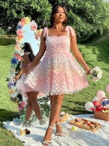 Celure Vestido de mujer de talla grande elegante con textura trenzada, floral de malla de organza, de doble capa y con lazo