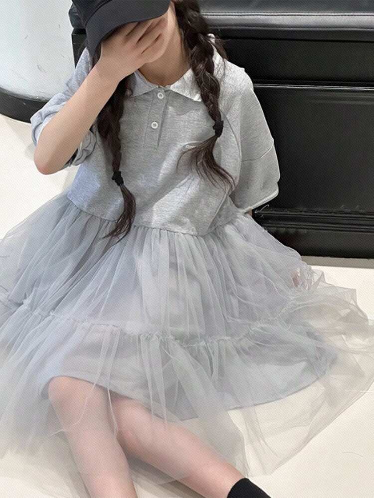 Vestido informal minimalista de panel de malla de red para niñas preadolescentes, conjunto de ropa de verano para niñas, ropa de regreso a la escuela