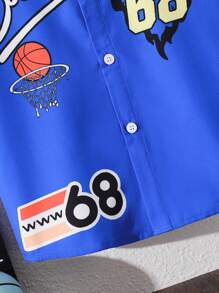 Tween Boy Casual Sports Basketball Letter Pattern Baseball Collar Short Sleeve Shacket, Suitable For Commuting, School, Daily Casual, Sports, Spring/Summer