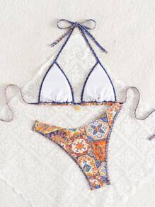 Swim Vcay 2pcs/Set Women Random Print Gold Accessory, Halter Top And High-Cut Bikini Bottom Bikini Swimwear, For Summer Beach Vacation - Multicolor - View 3