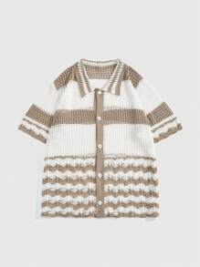 ROMWE MEN Men's Front Button Short Sleeve Simple Lapel Casual Vacation Cardigan - Khaki - View 1