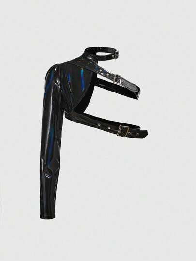 Grunge Punk Top court asymétrique sexy à une épaule réglable pour femme, veste  à manches longues réfléchissante arc-en-ciel