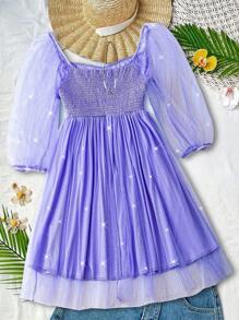 Flirla 大码女式婚礼宾客亮片网眼腰部 3/4 袖连衣裙