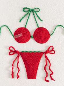 Swim Mod 女士夏季度假沙滩钩针草莓罩衫套装