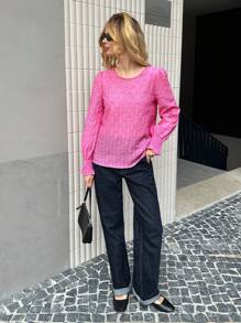 Forever 21 Spring Casual Commute Puff Sleeve Fuzzy Trim Elegant Office Lady Blouse - Pink - View 3