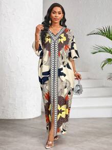 SHEIN Lady Women Floral Print V-Neck Short Sleeve Straight Casual Dress For Holiday Women Dresses Women Clothing Dresses Beach Wear For Women