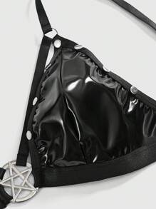 ROMWE Dark Gothic Rock Punk Rivet Star Shiny PU Wireless Lingerie Set - Black - View 8