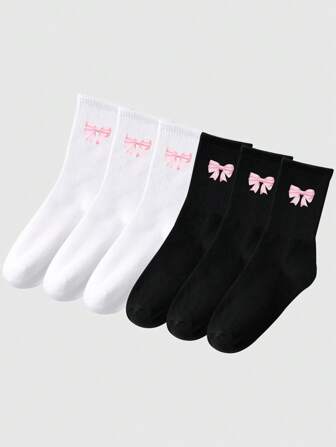 Kawaii 6 paia di calze a metà polpaccio da donna con fiocco rosa a cartoni animati, stampa jacquard in bianco e nero per tutte le stagioni, morbide, confortevoli, casual, soffici, adatte per uso quotidiano, casa, ufficio, scuola, sport