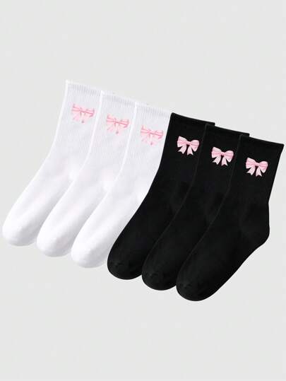 Kawaii 6 pares de calcetines hasta el tobillo para mujer con lazo rosa de dibujos animados, estampado jacquard en blanco y negro para todo el año, suaves, cómodos, casuales, esponjosos, apropiados para uso diario, hogar, oficina, escuela y deporte