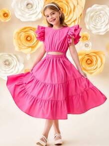 SHEIN Vestido informal para niñas preadolescentes con corte cropped, cuello redondo y mangas con volantes en capas - Rosa Fucsia - Ver 8