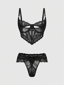 ROMWE Dark Gothic Lace Bra And G-String Sexy Lingerie Set - Black - View 1