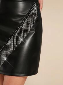 SHEIN Clasi 女士优雅流苏 PU 黑色喇叭下摆半身裙，适合派对、聚会、通勤装，春夏皮革黑色裙子夏装 - 黑色 - 查看 4