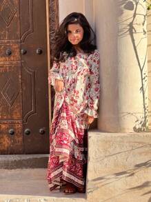 SHEIN Leap Crew Tween Girls Loose V-Neck Long Sleeve Ruffle Cuff Print Long Dress - Apricot - View 10