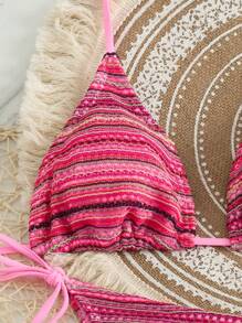 Swim Mod 3pcs Bohemian Style Crochet Drawstring Cover Up Skirt & Bikini Set, Swimwear Beach Clothes Outfit For Summer Beach Vacation - Pink - View 5