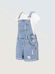 Denimly Tween Girl Fashionable Casual Cute Floral & Smiling Face Print Denim Ripped Distressed Washed Loose Strap Jumpsuit & Overalls With Frayed Hem