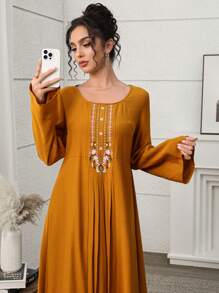 Yasmyna 刺绣彩色土耳其和阿拉伯风格女士长款束腰连衣裙，女士休闲连衣裙，端庄的卡夫坦