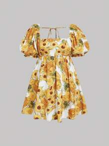 SHEIN MOD Plus Size Van Gogh Sunflower Pattern Dress With Puff Sleeves And Bow Embellishment. Suitable For Dates, Parties, Vacations, Afternoon Tea, Birthdays, And Other Occasions. Also Suitable For Carnivals, Women's Birthday Dresses, Women's Formal Dresses, Women's Beachwear, Vacations, Prom Dresses, Gold Dresses, Summer Dresses, Wedding Guest Dresses, Beach Dresses, And Bohemian-Style Vacation Wear. - Multicolor - View 1