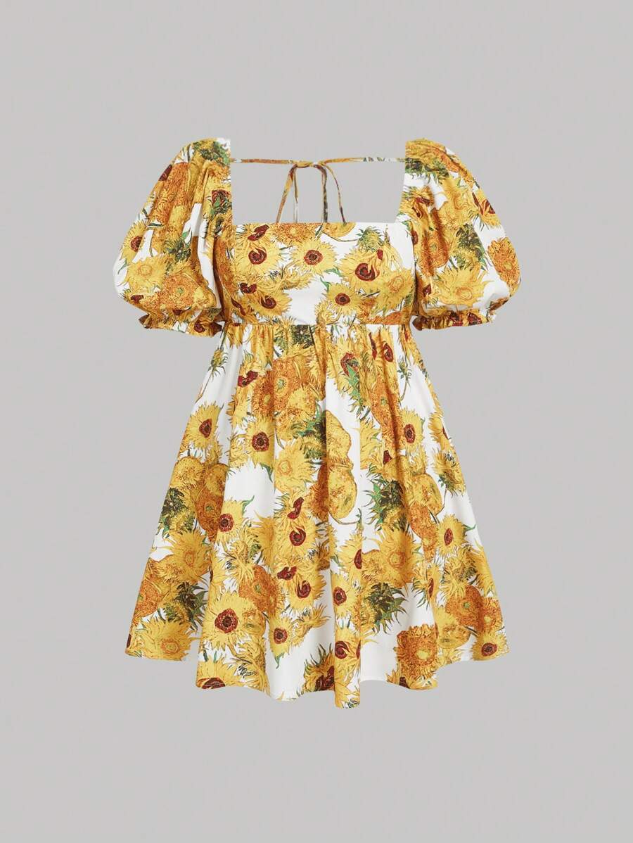 SHEIN MOD Plus Size Van Gogh Sunflower Pattern Dress With Puff Sleeves And Bow Embellishment. Suitable For Dates, Parties, Vacations, Afternoon Tea, Birthdays, And Other Occasions. Also Suitable For Carnivals, Women's Birthday Dresses, Women's Formal Dresses, Women's Beachwear, Vacations, Prom Dresses, Gold Dresses, Summer Dresses, Wedding Guest Dresses, Beach Dresses, And Bohemian-Style Vacation Wear. - Multicolor - View 1