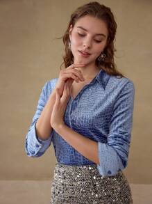 MOTF PREMIUM ÁO BLOUSE TAY LỒI CÁ SẤU NỔI DA CÁ SẤU - Màu xanh lam - Xem 4