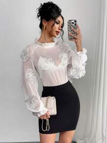 Elegant 3D Floral Decor See-Through Long Sleeve Blouse Fall Cloth For Women - White - View 5