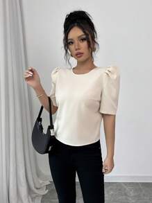 Selianne 女士圆领短款泡泡袖衬衫，背面饰有蝴蝶结 - 杏色 - 查看 5
