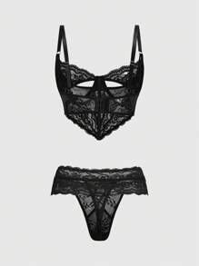 ROMWE Dark Gothic Lace Bra And G-String Sexy Lingerie Set - Black - View 2