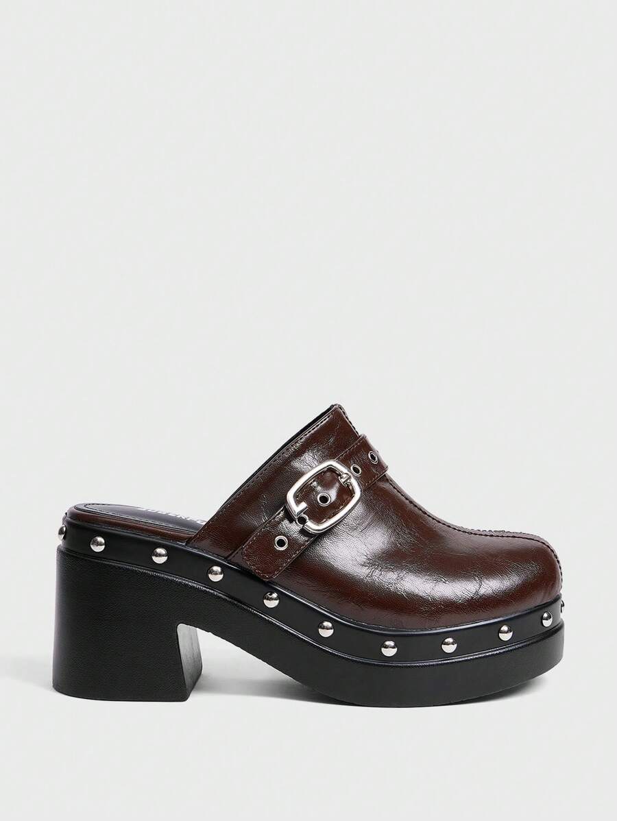 Sugerpunk Women's Fashion Black Backstrap Wooden Clog Platform Slip-On Shoes