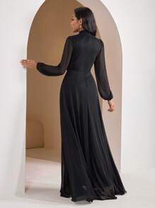 Veilorie Vestido elegante de estilo árabe modestos para mujer, de unicolor, con cuello de pie y cintura torcida - Negro - Ver 2
